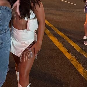 2 piece white rhinestone fringe outfit